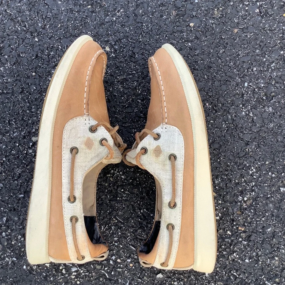 Sperry Top-Sider Womens Boat Shoes Tan Leather Canvas STS81857 Size 8.5